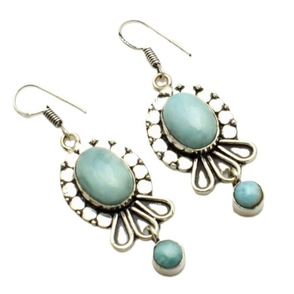 Larimar Gemstone Sterling Silver Drop Dangle Earrings - Picture 1 of 1